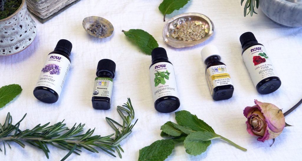 Lavender essential oil, rosemary essential oil, peppermint essential oil, frankincense essential oil, rose absolute essential oil