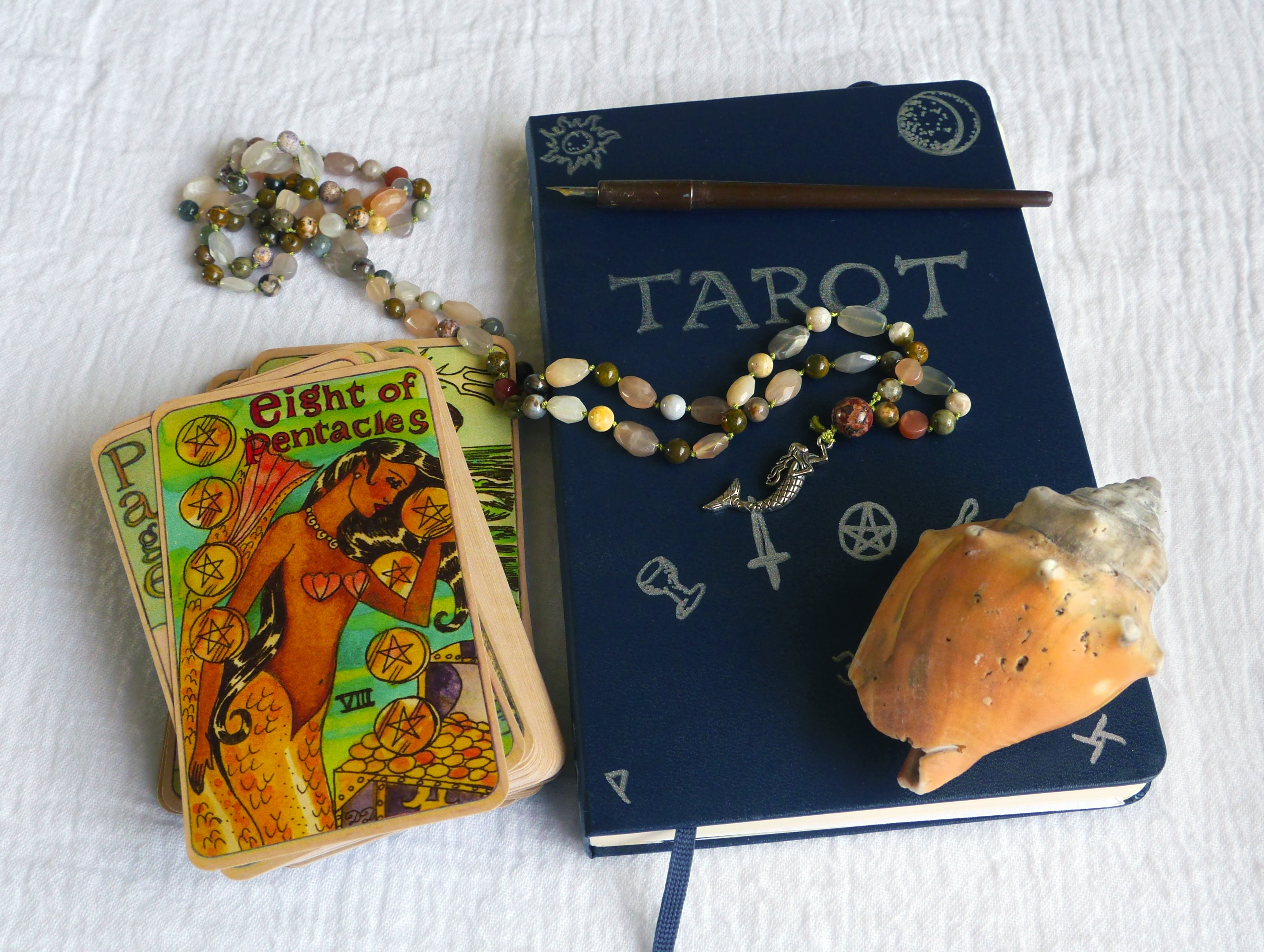 Dame Darcy's Mermaid Tarot, tarot journal, Eight of Pentacles, papa male, seashell