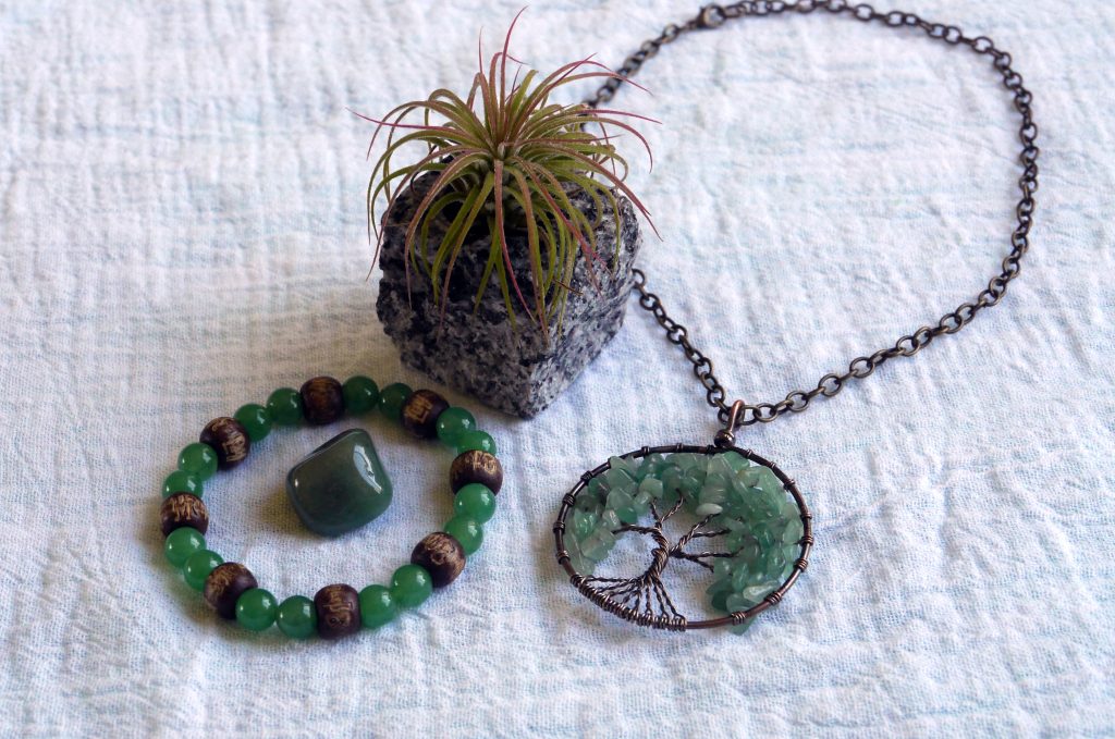 Green aventurine Tree of Life necklace, green aventurine beaded bracelet, tiny airplant.