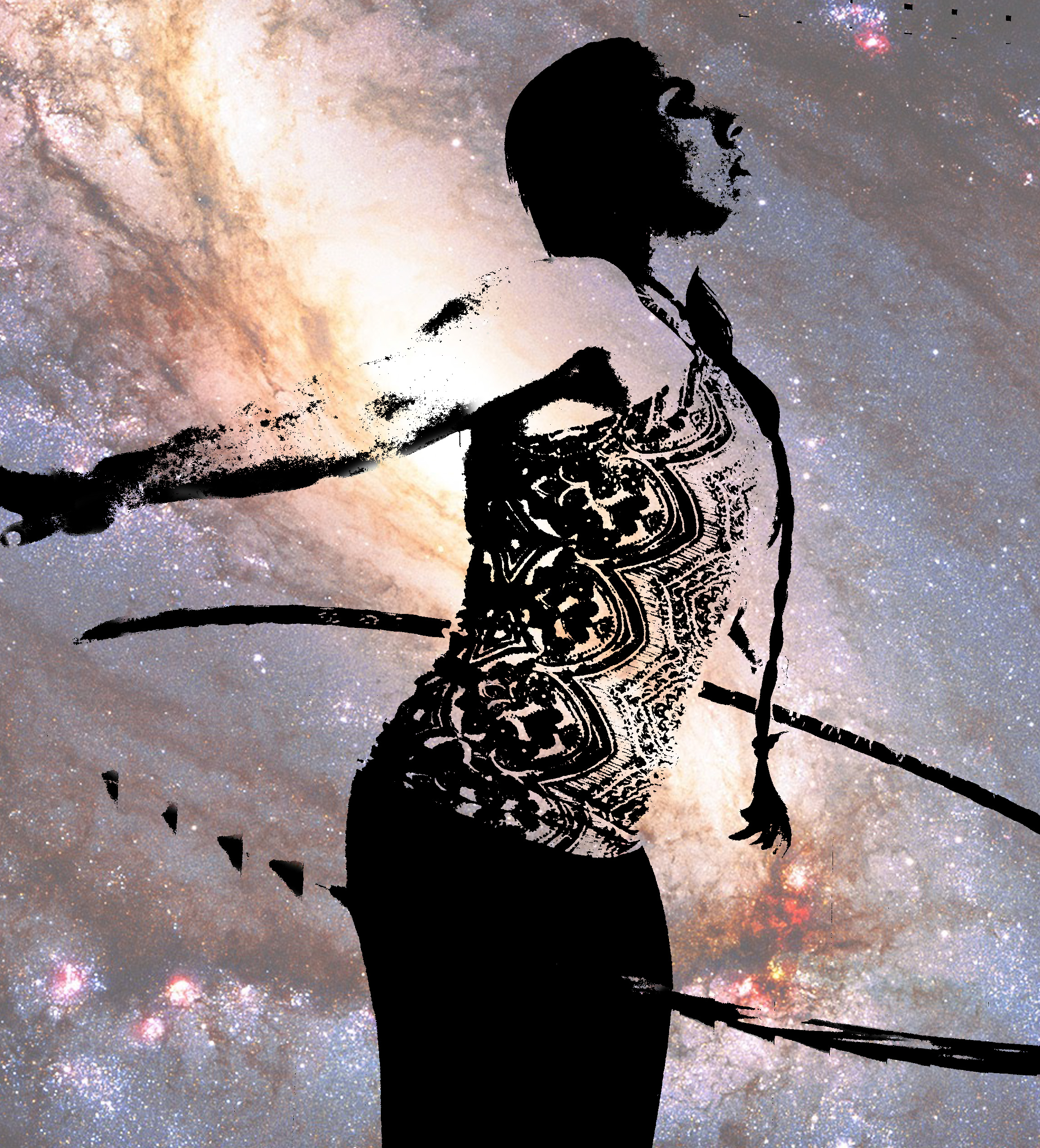 Woman silhouette hoop dancing in a galaxy. Hoop dance meditation.