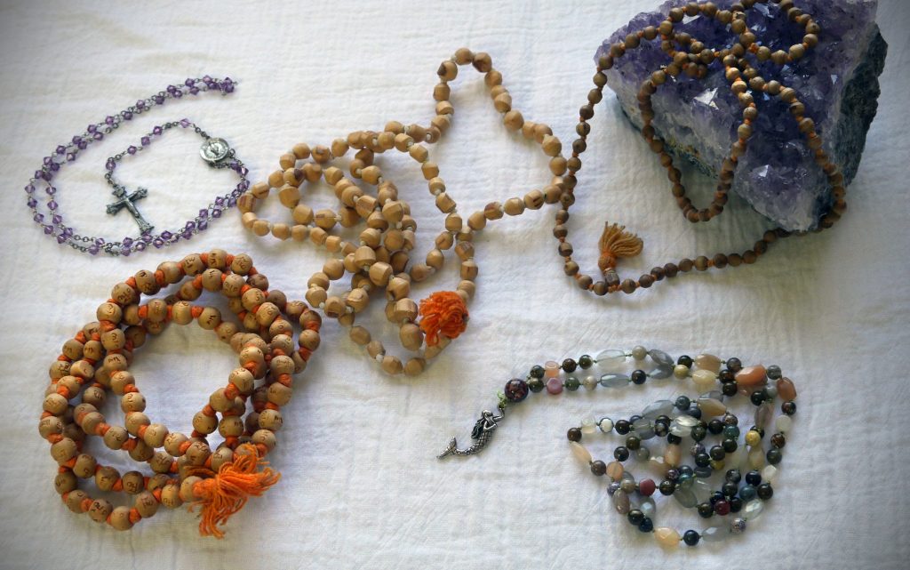 tulasi japa mala beads, amethyst crystal, mermaid moonstone mala, amethyst rosary