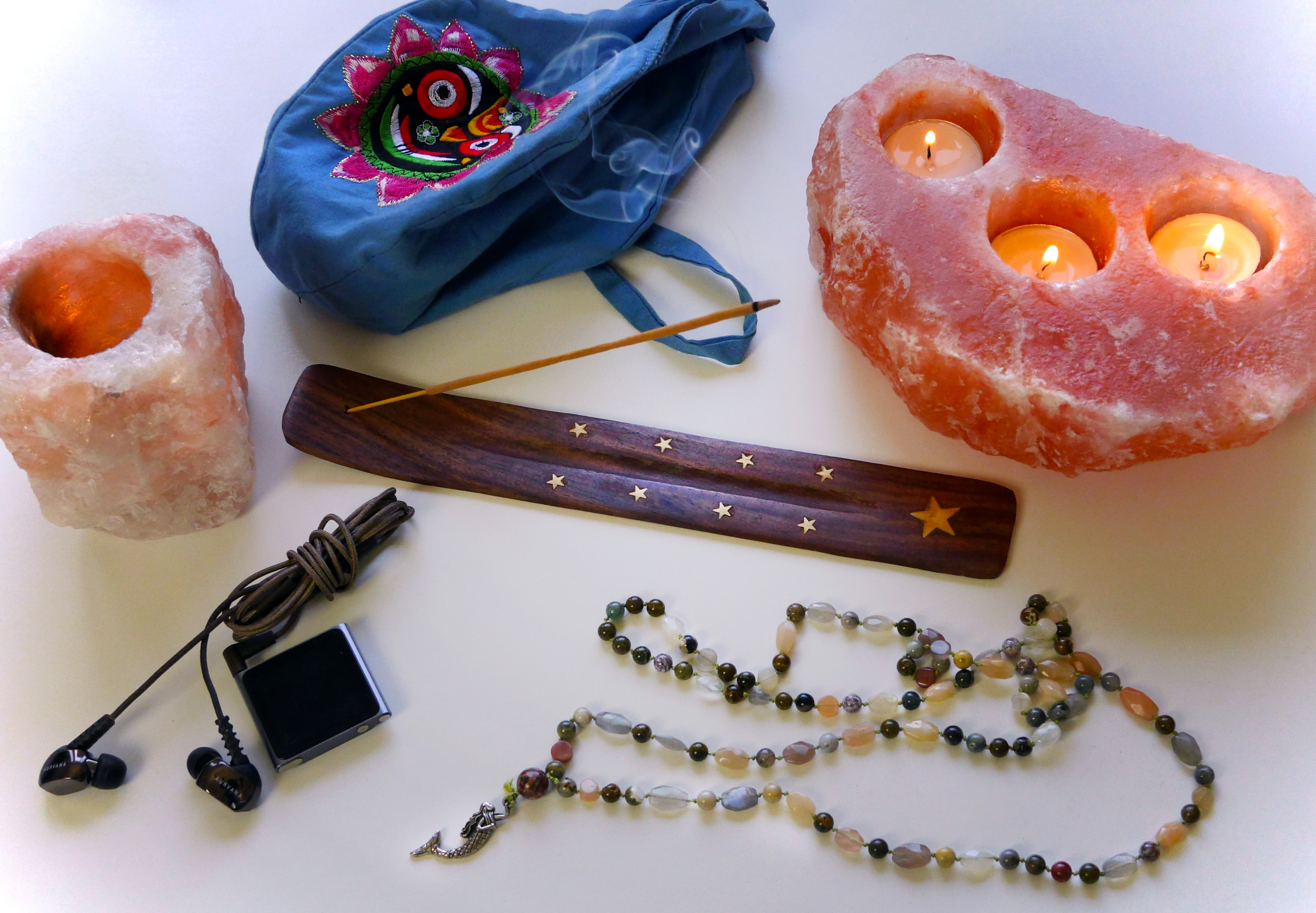 Meditation props: incense, iPod, meditation music, cabdles, japa mala beads, mala beads, prayer beads, sri jagannath