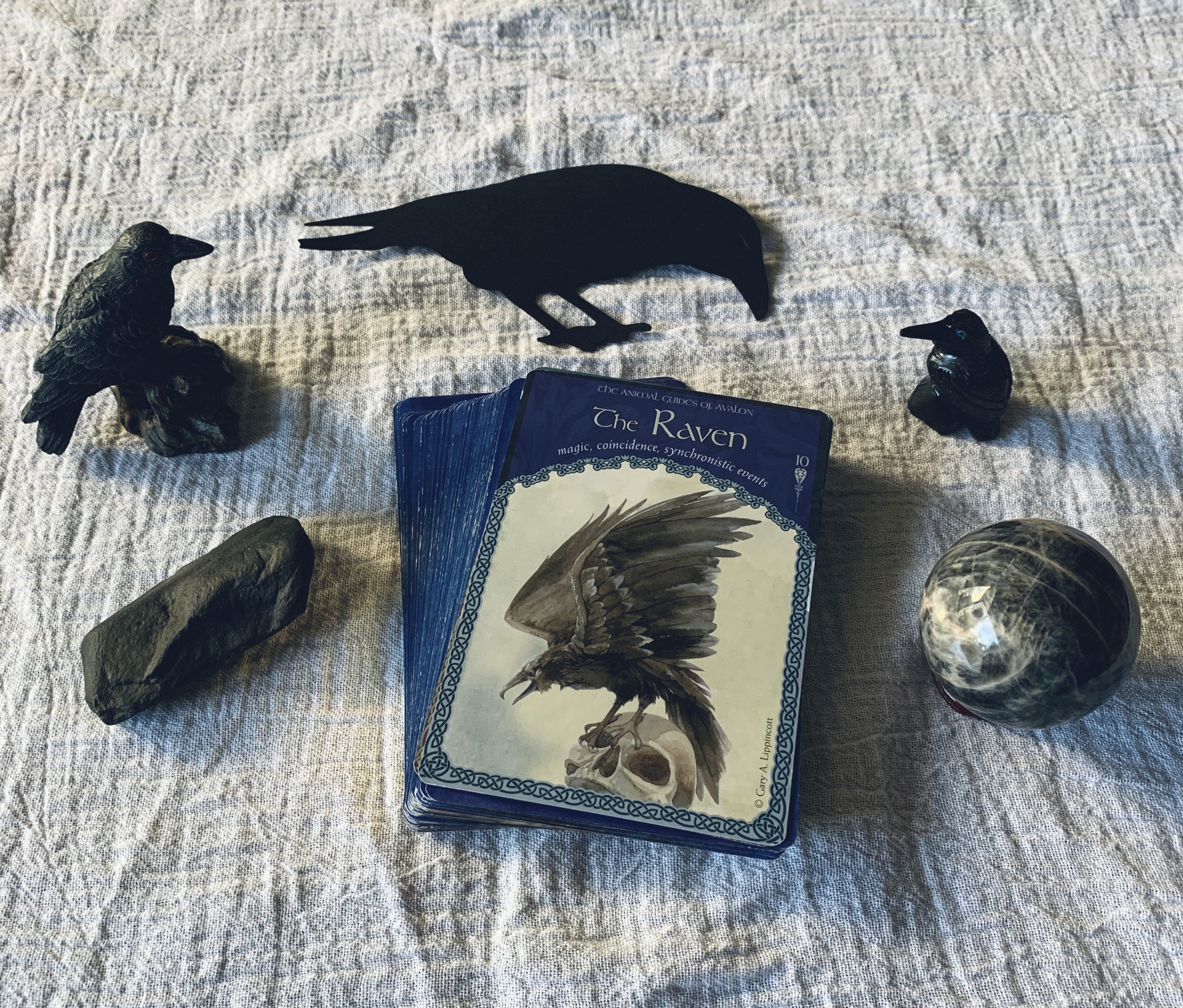 The Raven, Wisdom of Avalon Oracle Card, Ravens, larvikite, black moonstone