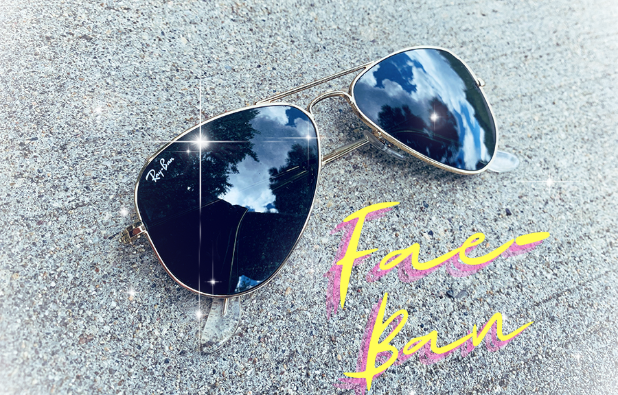 A pair of mirrored, aviator-style Ray-Ban sunglasses on the concrete with sparkles and "Fae-Bans" in pink and yellow stylized text
