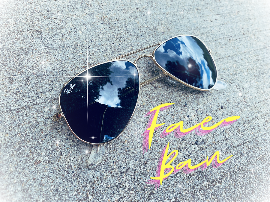 A pair of mirrored, aviator-style Ray-Ban sunglasses on the concrete with sparkles and "Fae-Bans" in pink and yellow stylized text